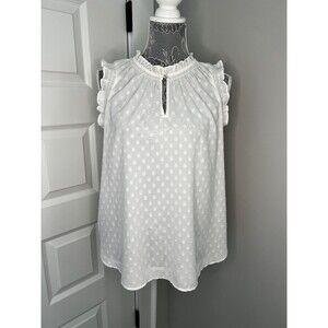 LOFT Top White Textured Swiss Dot Button neck Bohemian Blouse Womens Peasant Med